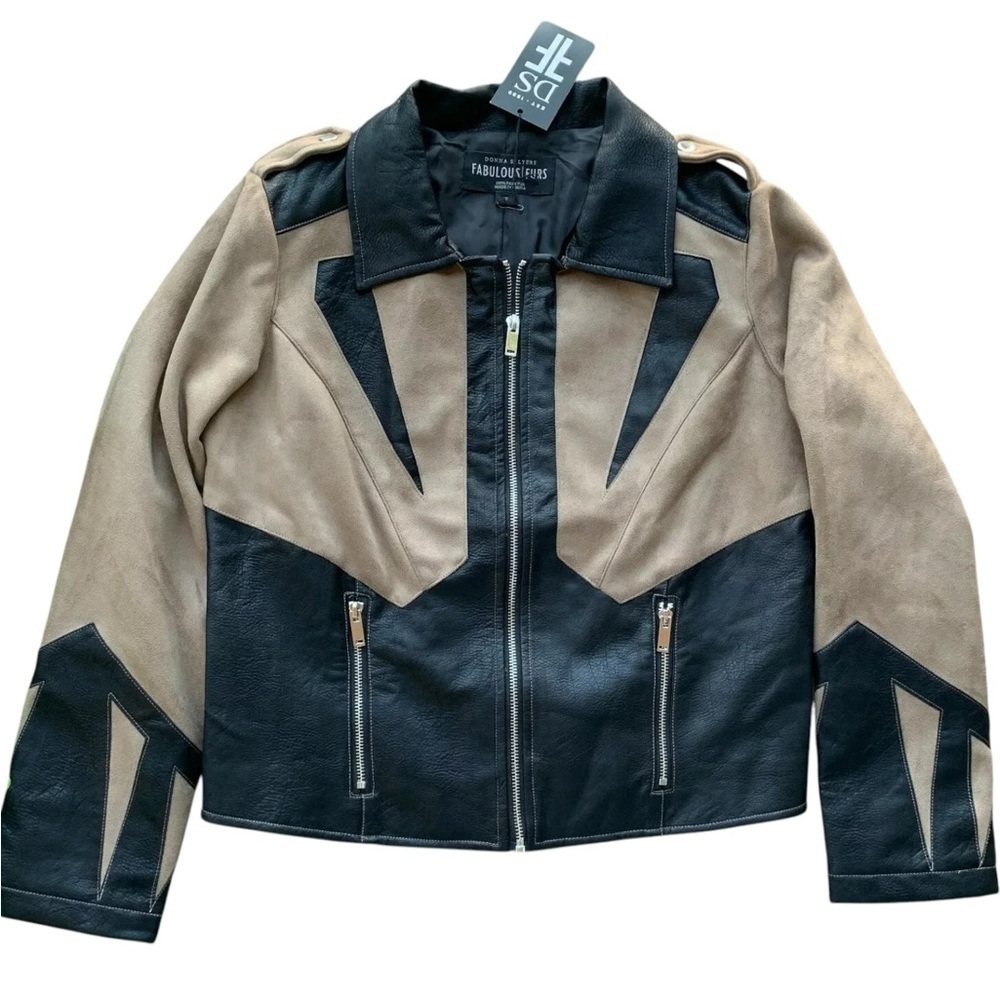 Donna Salyers Fabulous Furs Faux Leather Moto Jacket Tan Black Size Small